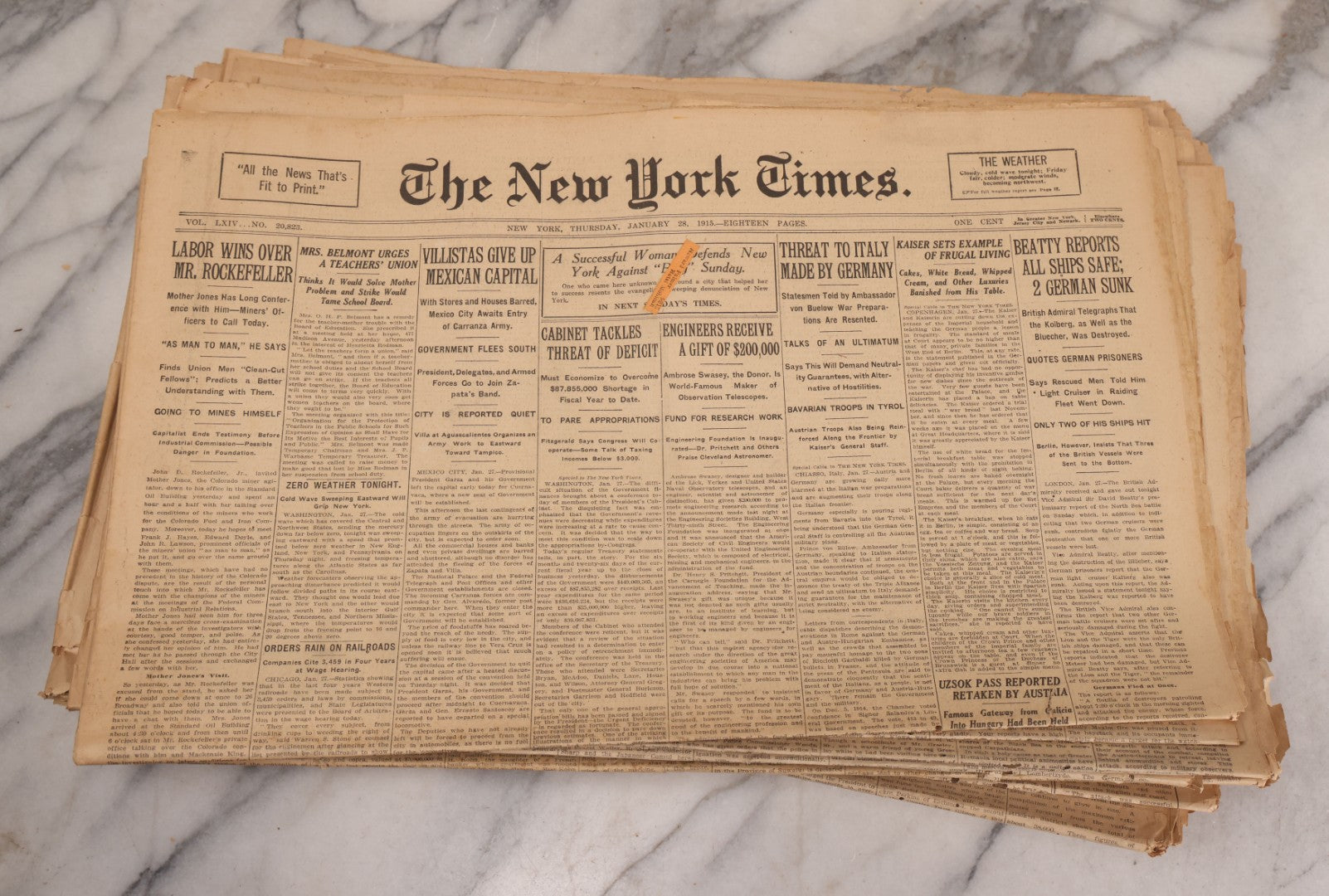 Lot 009 - Grouping Of Approximately 60 Antique New York Times Newspapers From 1914-1915 With Front Page World War I Headlines