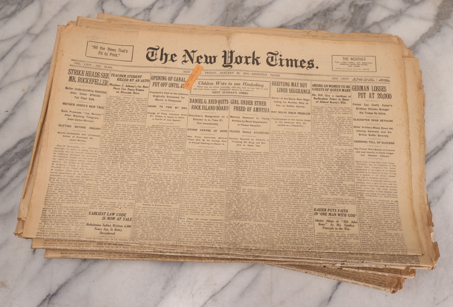 Lot 009 - Grouping Of Approximately 60 Antique New York Times Newspapers From 1914-1915 With Front Page World War I Headlines