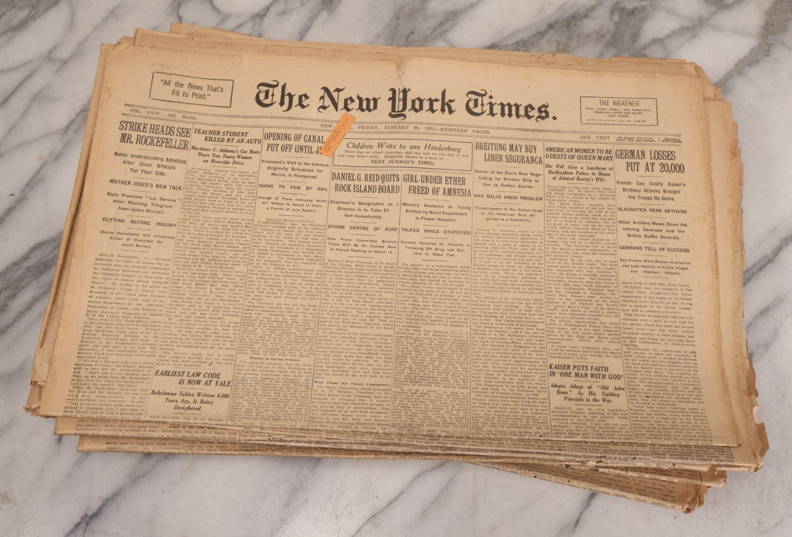 Lot 009 - Grouping Of Approximately 60 Antique New York Times Newspapers From 1914-1915 With Front Page World War I Headlines