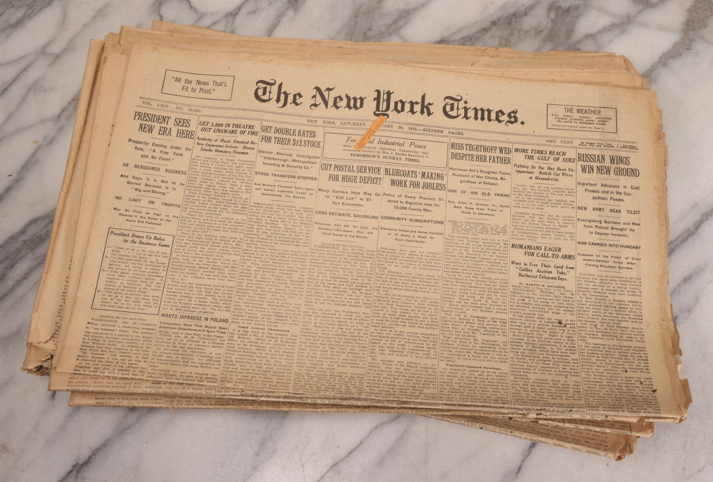 Lot 009 - Grouping Of Approximately 60 Antique New York Times Newspapers From 1914-1915 With Front Page World War I Headlines