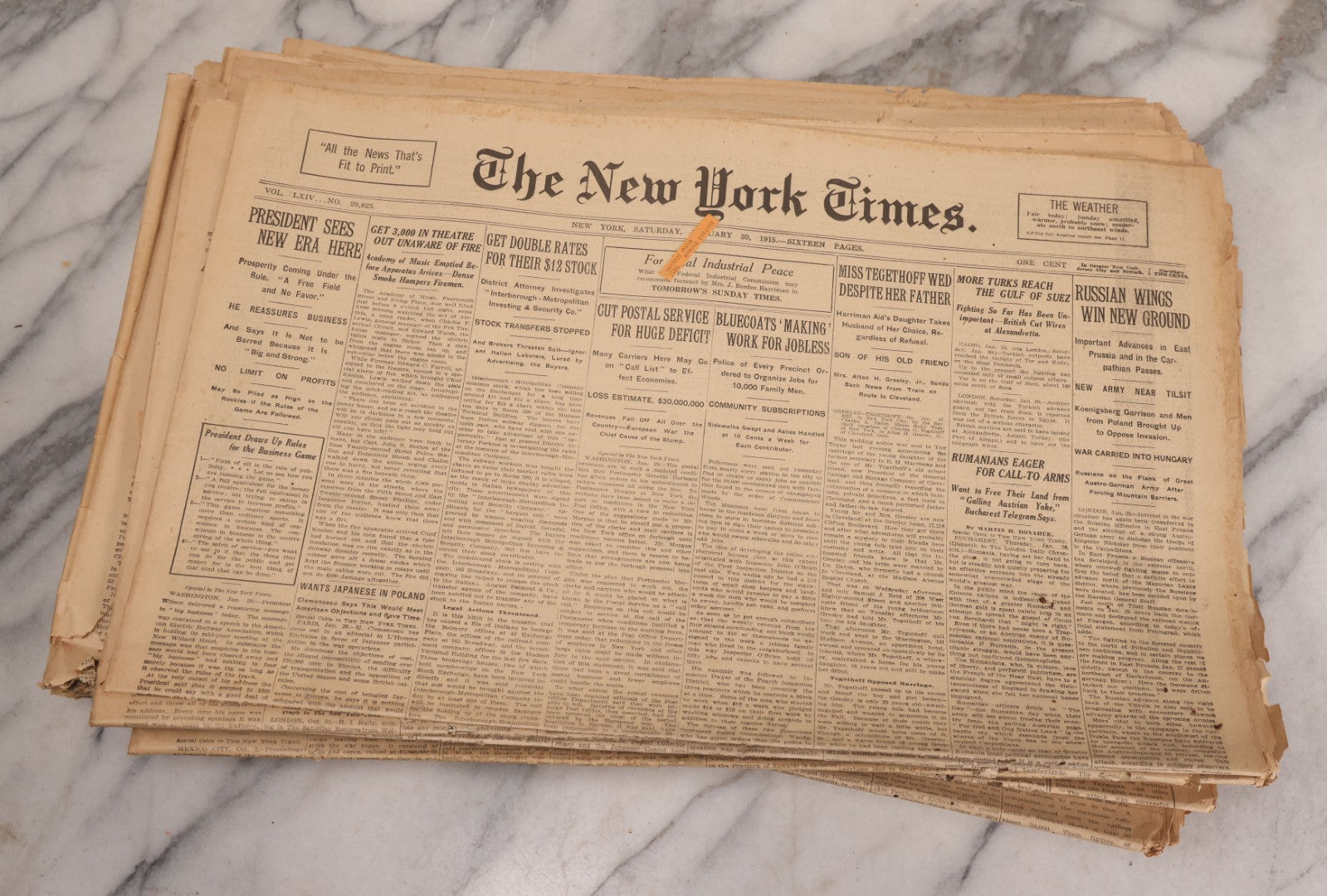 Lot 009 - Grouping Of Approximately 60 Antique New York Times Newspapers From 1914-1915 With Front Page World War I Headlines