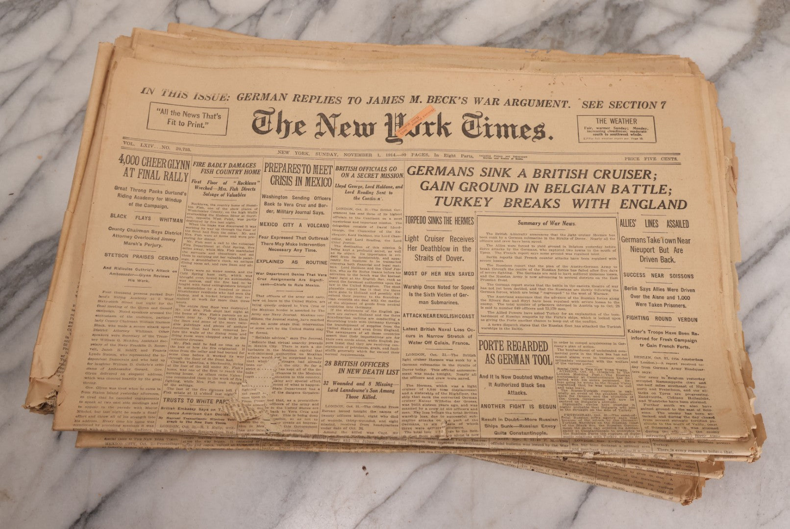 Lot 009 - Grouping Of Approximately 60 Antique New York Times Newspapers From 1914-1915 With Front Page World War I Headlines
