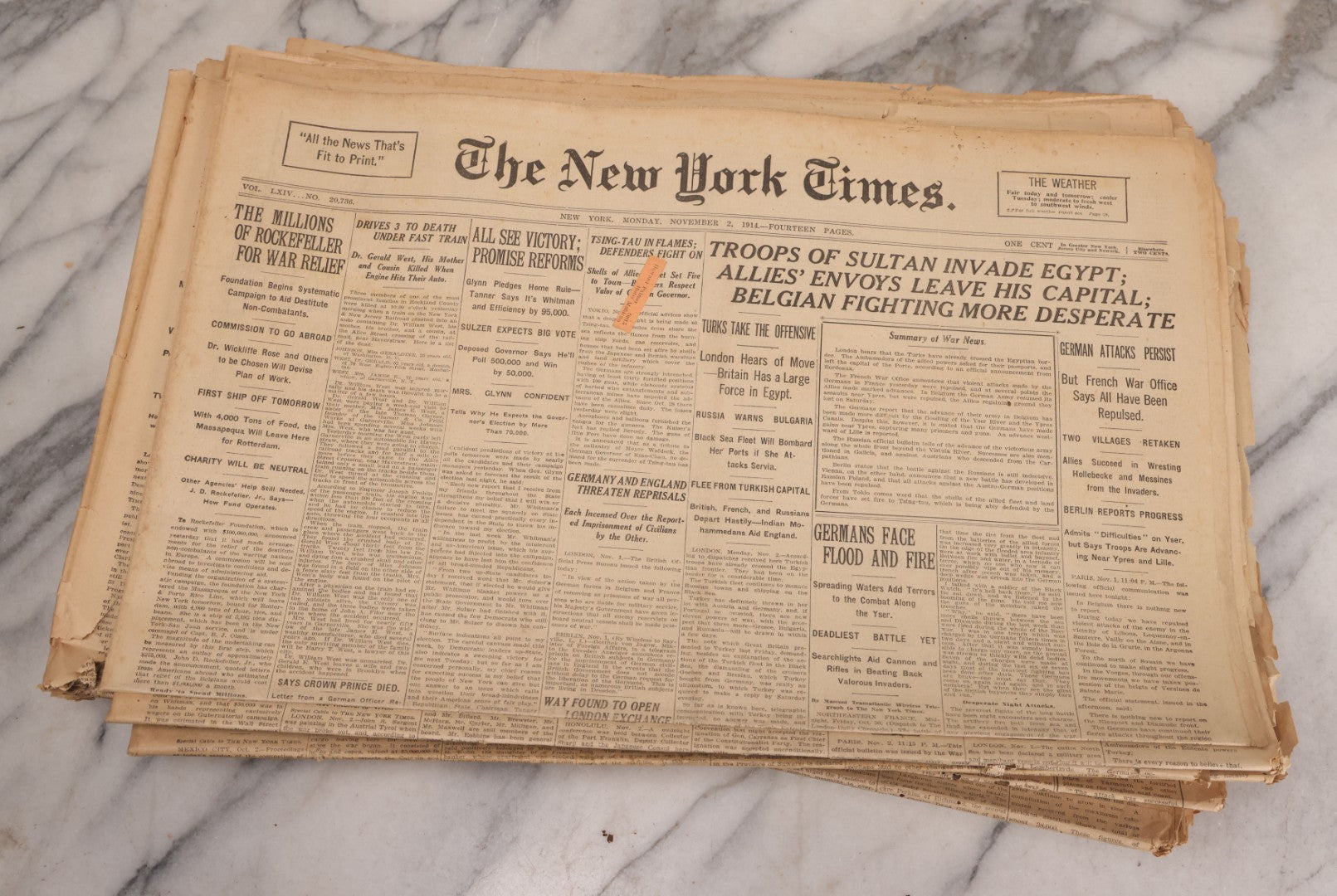 Lot 009 - Grouping Of Approximately 60 Antique New York Times Newspapers From 1914-1915 With Front Page World War I Headlines