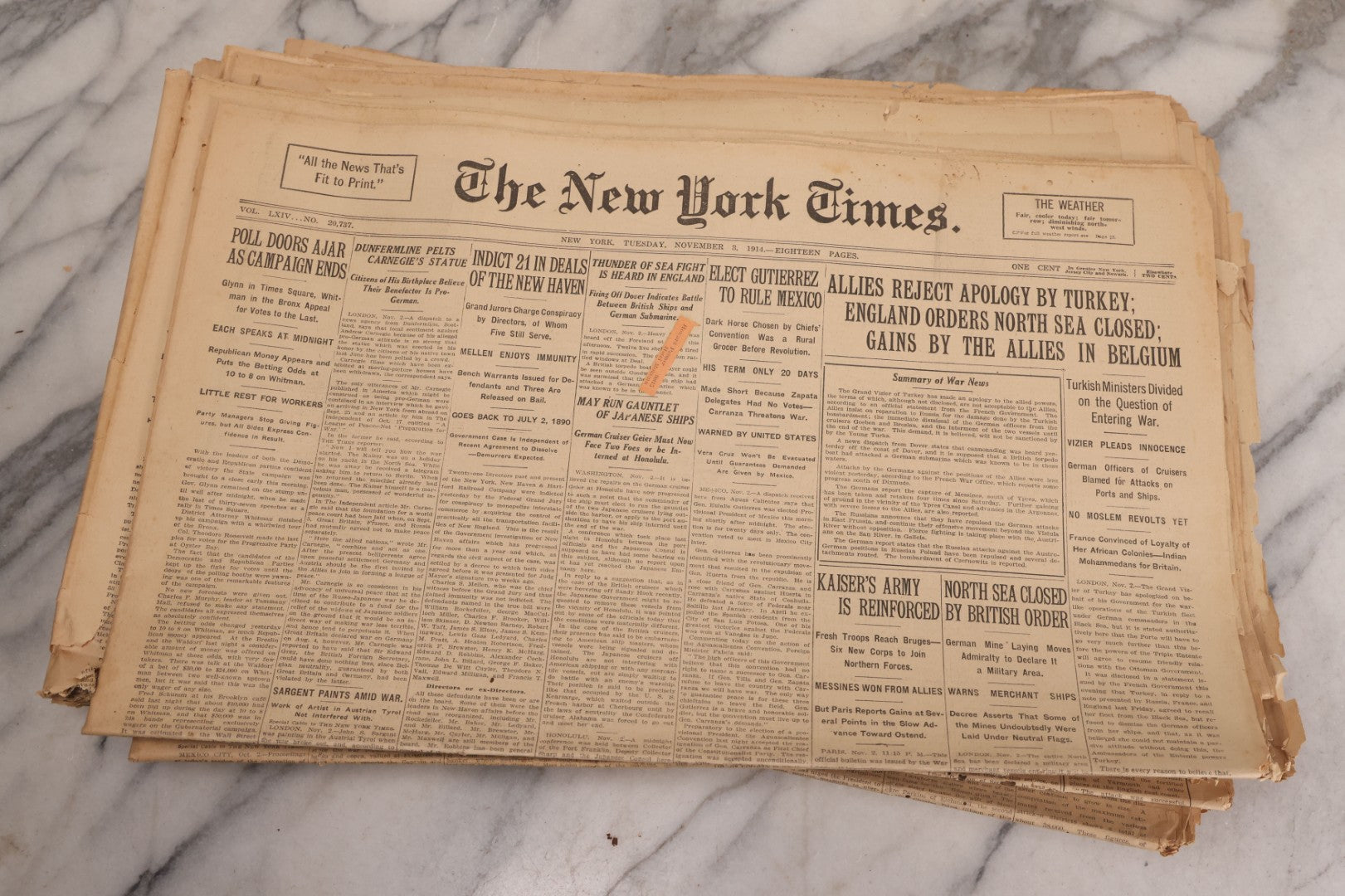 Lot 009 - Grouping Of Approximately 60 Antique New York Times Newspapers From 1914-1915 With Front Page World War I Headlines