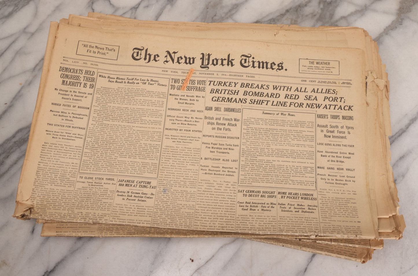 Lot 009 - Grouping Of Approximately 60 Antique New York Times Newspapers From 1914-1915 With Front Page World War I Headlines