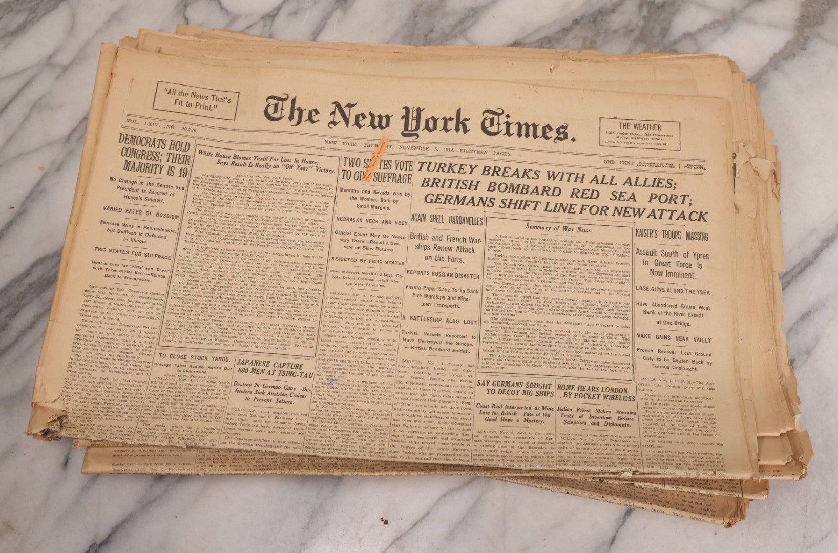 Lot 009 - Grouping Of Approximately 60 Antique New York Times Newspapers From 1914-1915 With Front Page World War I Headlines