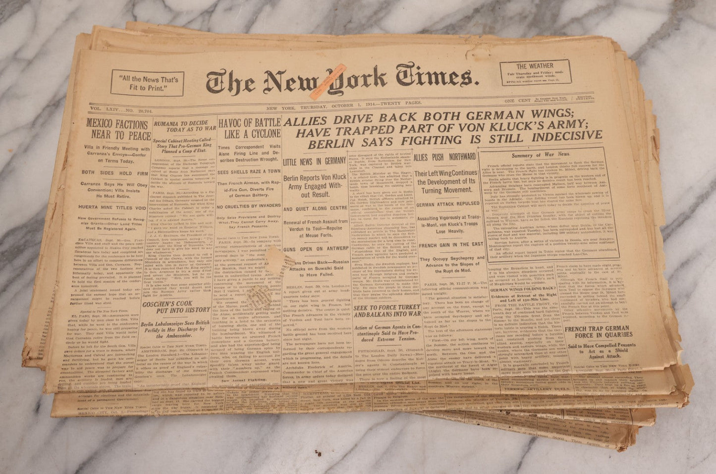 Lot 009 - Grouping Of Approximately 60 Antique New York Times Newspapers From 1914-1915 With Front Page World War I Headlines