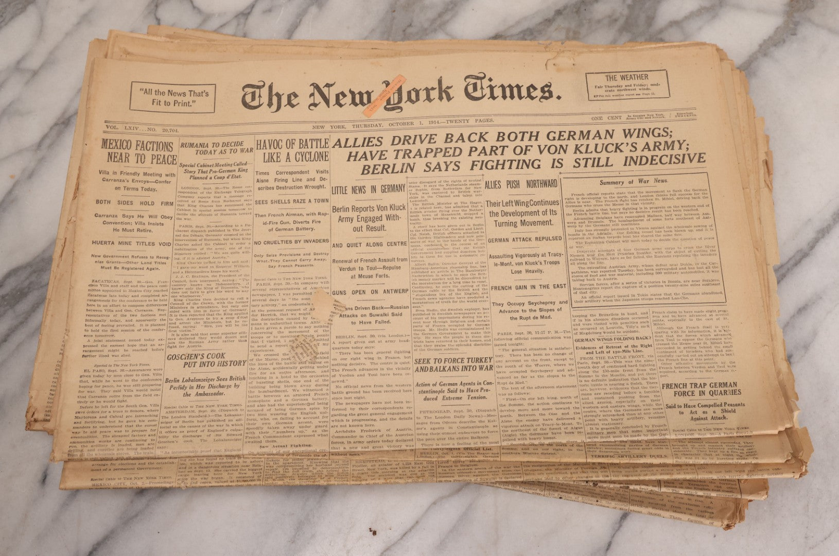 Lot 009 - Grouping Of Approximately 60 Antique New York Times Newspapers From 1914-1915 With Front Page World War I Headlines
