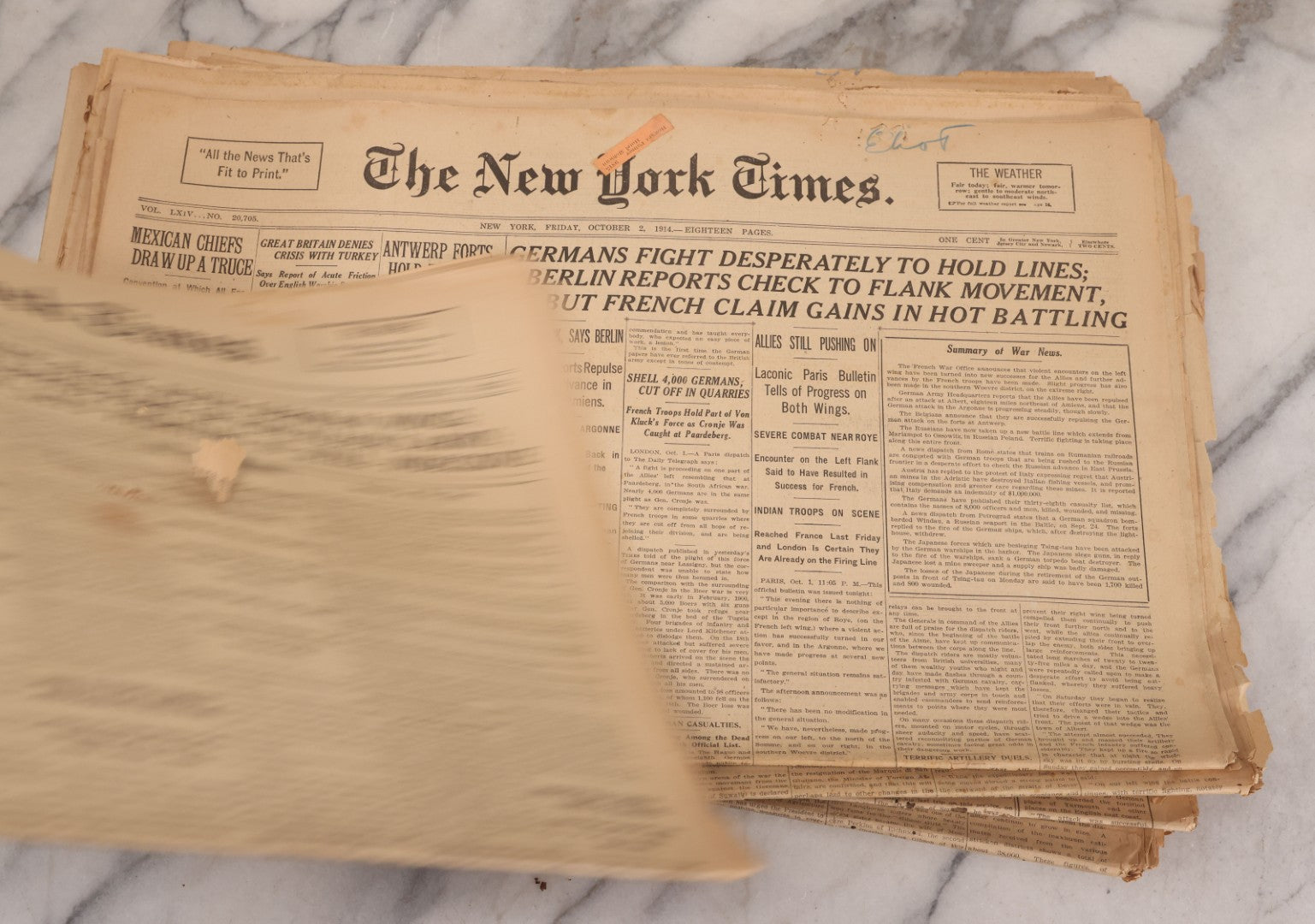 Lot 009 - Grouping Of Approximately 60 Antique New York Times Newspapers From 1914-1915 With Front Page World War I Headlines