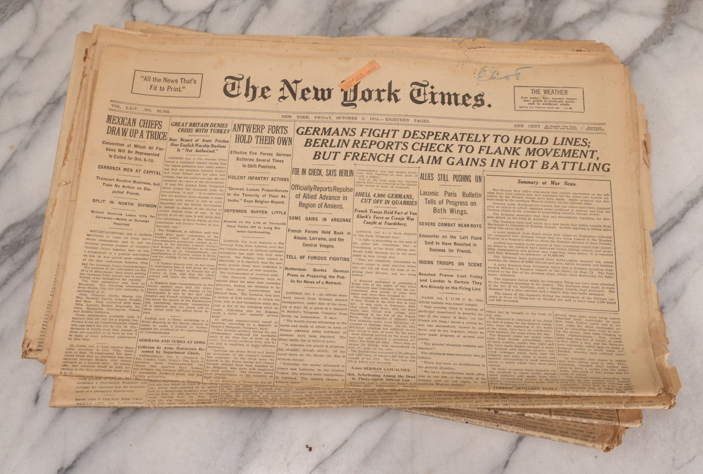 Lot 009 - Grouping Of Approximately 60 Antique New York Times Newspapers From 1914-1915 With Front Page World War I Headlines