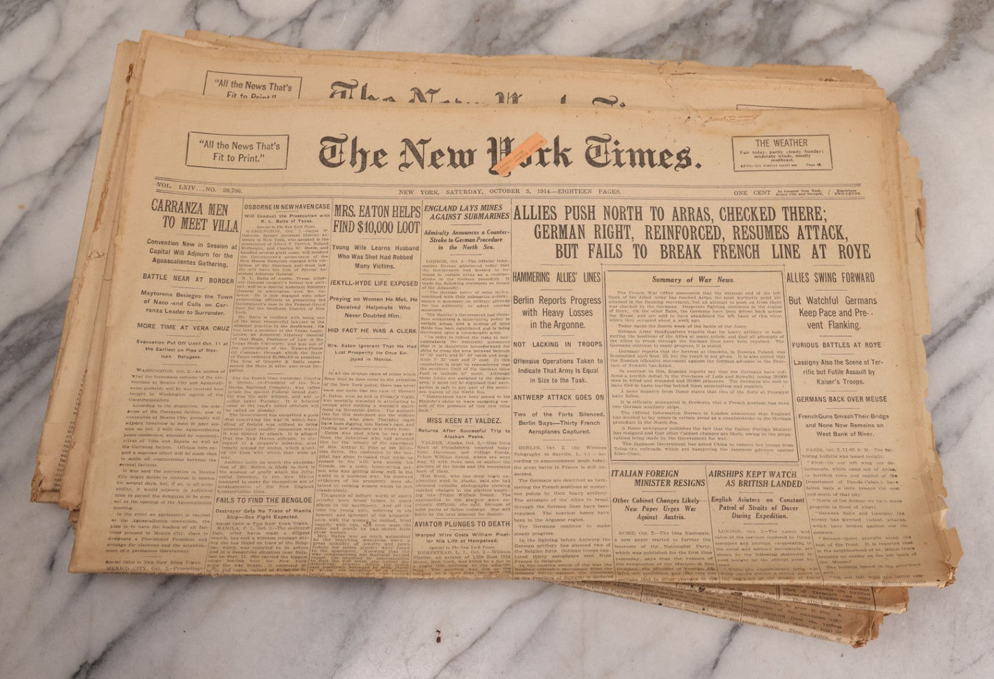 Lot 009 - Grouping Of Approximately 60 Antique New York Times Newspapers From 1914-1915 With Front Page World War I Headlines