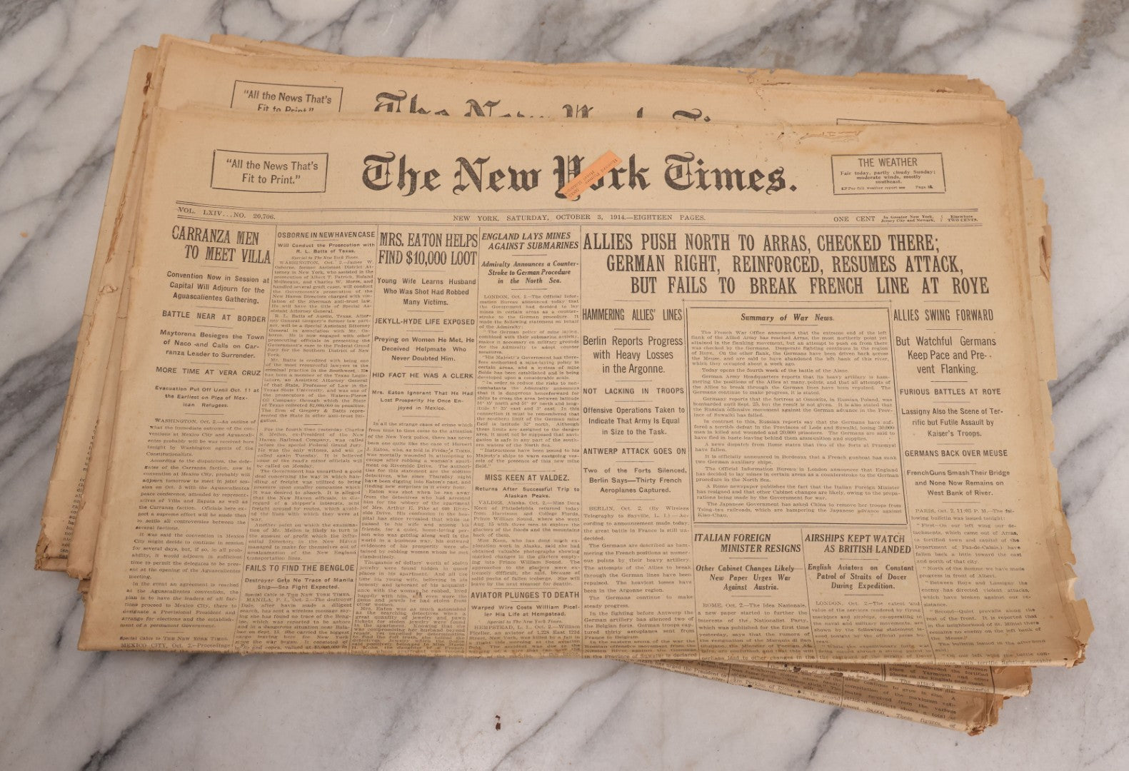 Lot 009 - Grouping Of Approximately 60 Antique New York Times Newspapers From 1914-1915 With Front Page World War I Headlines