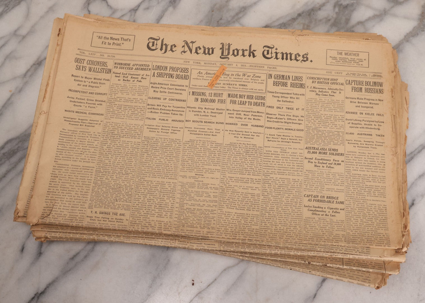 Lot 009 - Grouping Of Approximately 60 Antique New York Times Newspapers From 1914-1915 With Front Page World War I Headlines
