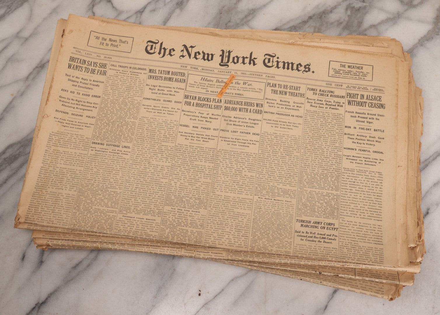 Lot 009 - Grouping Of Approximately 60 Antique New York Times Newspapers From 1914-1915 With Front Page World War I Headlines