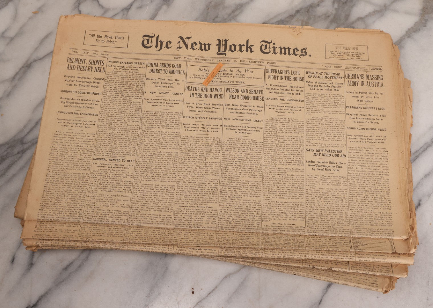Lot 009 - Grouping Of Approximately 60 Antique New York Times Newspapers From 1914-1915 With Front Page World War I Headlines