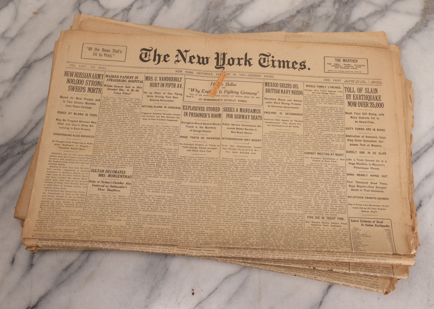 Lot 009 - Grouping Of Approximately 60 Antique New York Times Newspapers From 1914-1915 With Front Page World War I Headlines