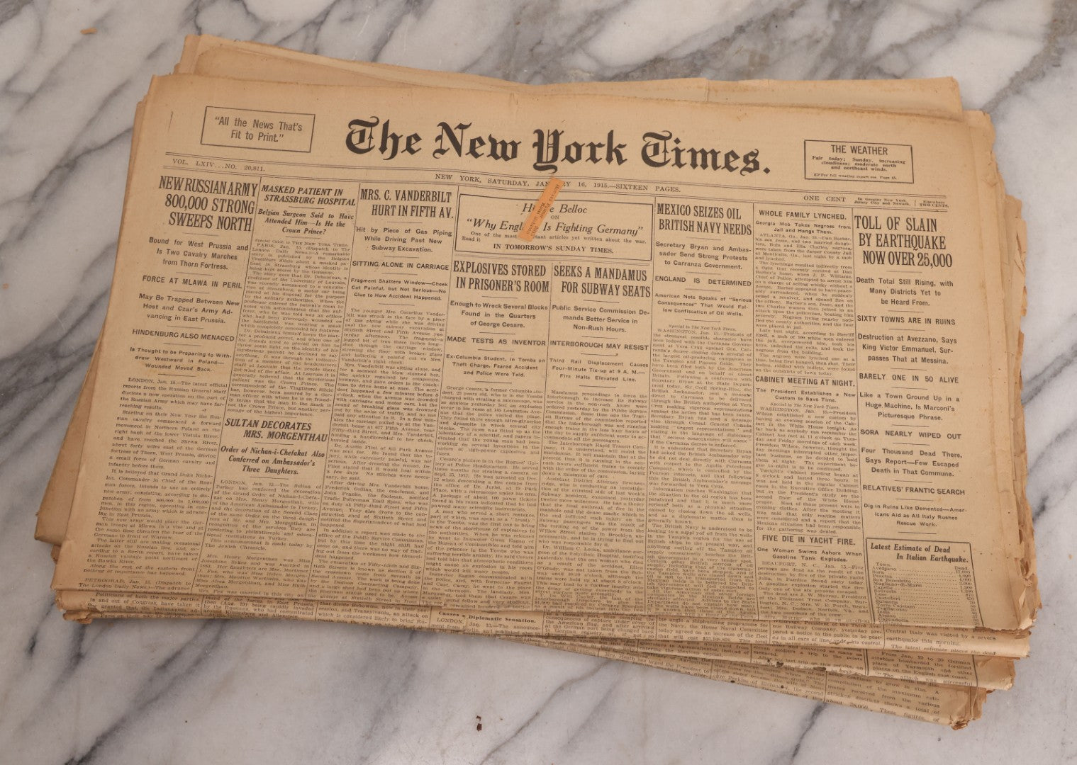 Lot 009 - Grouping Of Approximately 60 Antique New York Times Newspapers From 1914-1915 With Front Page World War I Headlines
