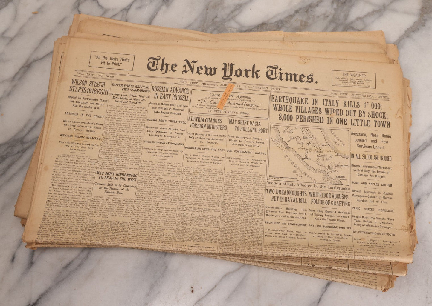 Lot 009 - Grouping Of Approximately 60 Antique New York Times Newspapers From 1914-1915 With Front Page World War I Headlines