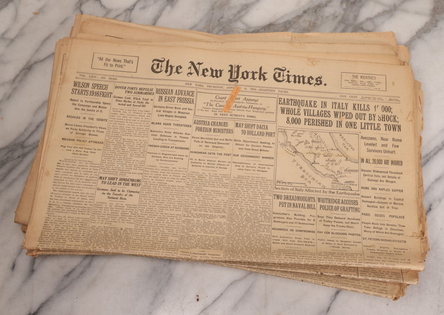 Lot 009 - Grouping Of Approximately 60 Antique New York Times Newspapers From 1914-1915 With Front Page World War I Headlines
