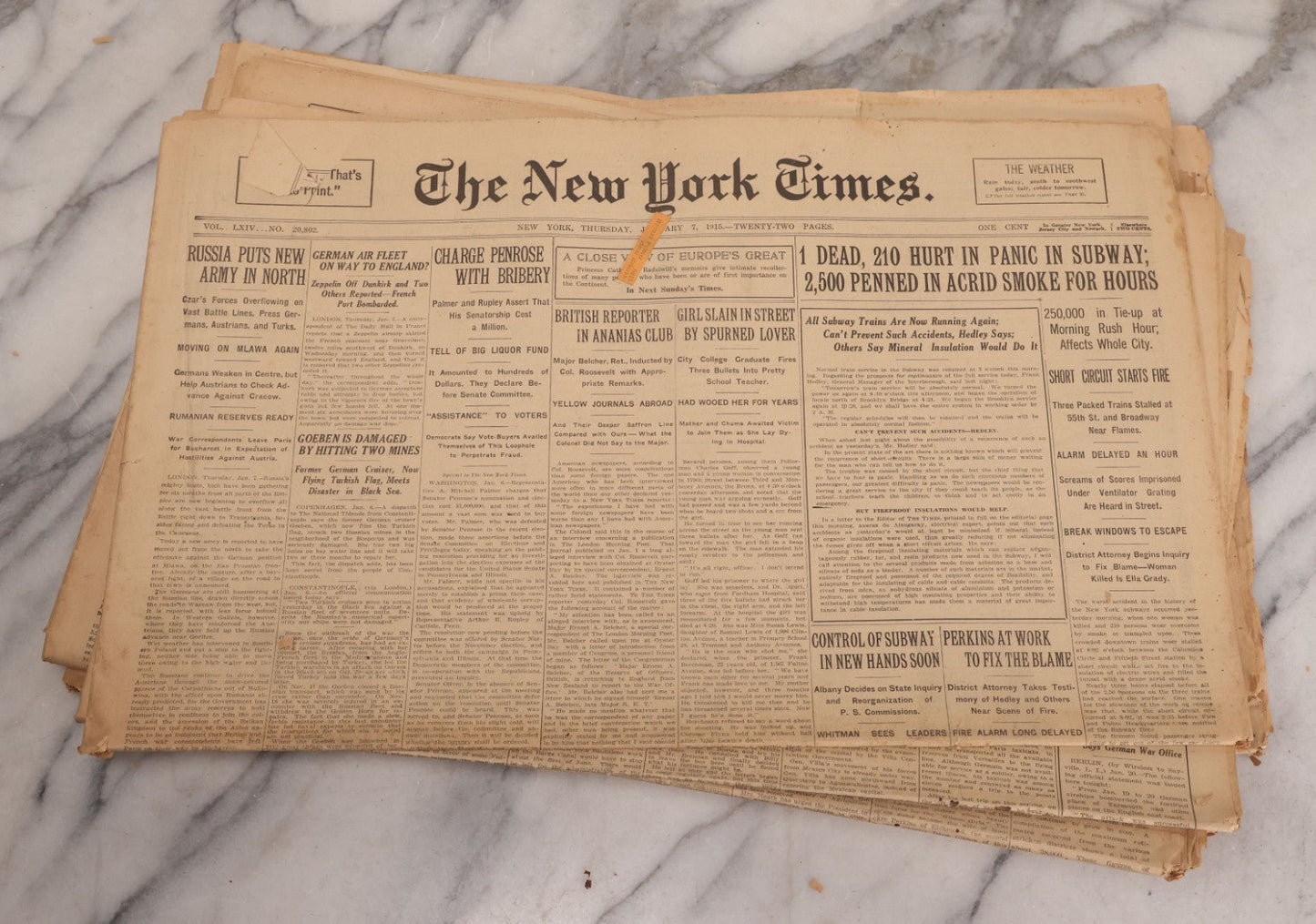 Lot 009 - Grouping Of Approximately 60 Antique New York Times Newspapers From 1914-1915 With Front Page World War I Headlines