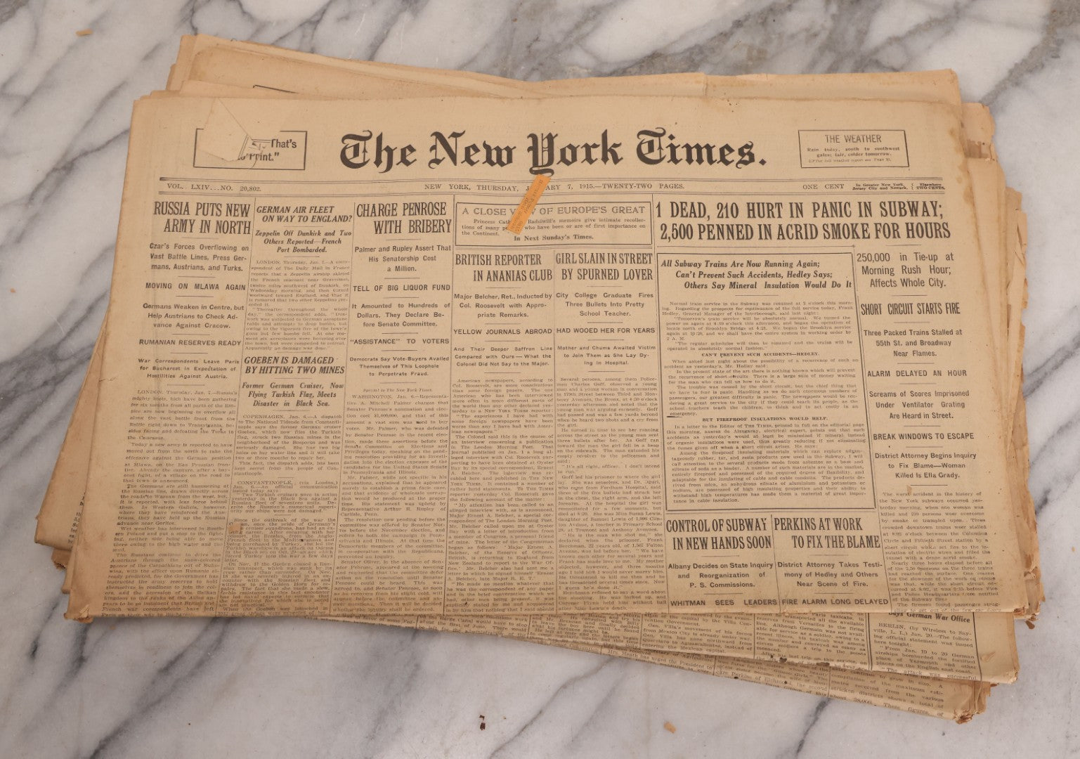 Lot 009 - Grouping Of Approximately 60 Antique New York Times Newspapers From 1914-1915 With Front Page World War I Headlines