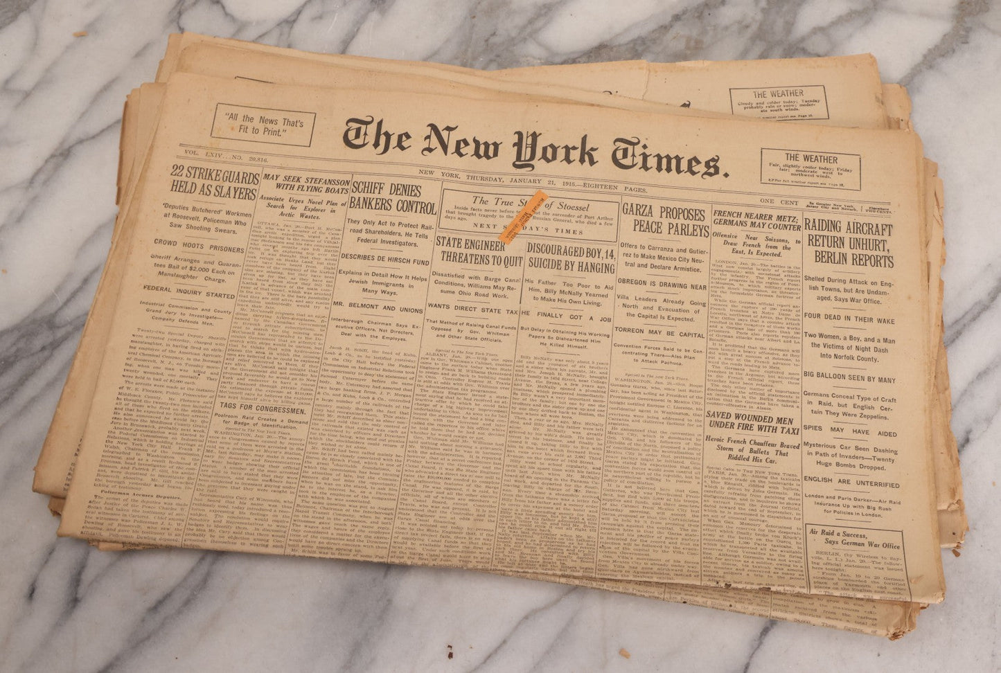 Lot 009 - Grouping Of Approximately 60 Antique New York Times Newspapers From 1914-1915 With Front Page World War I Headlines