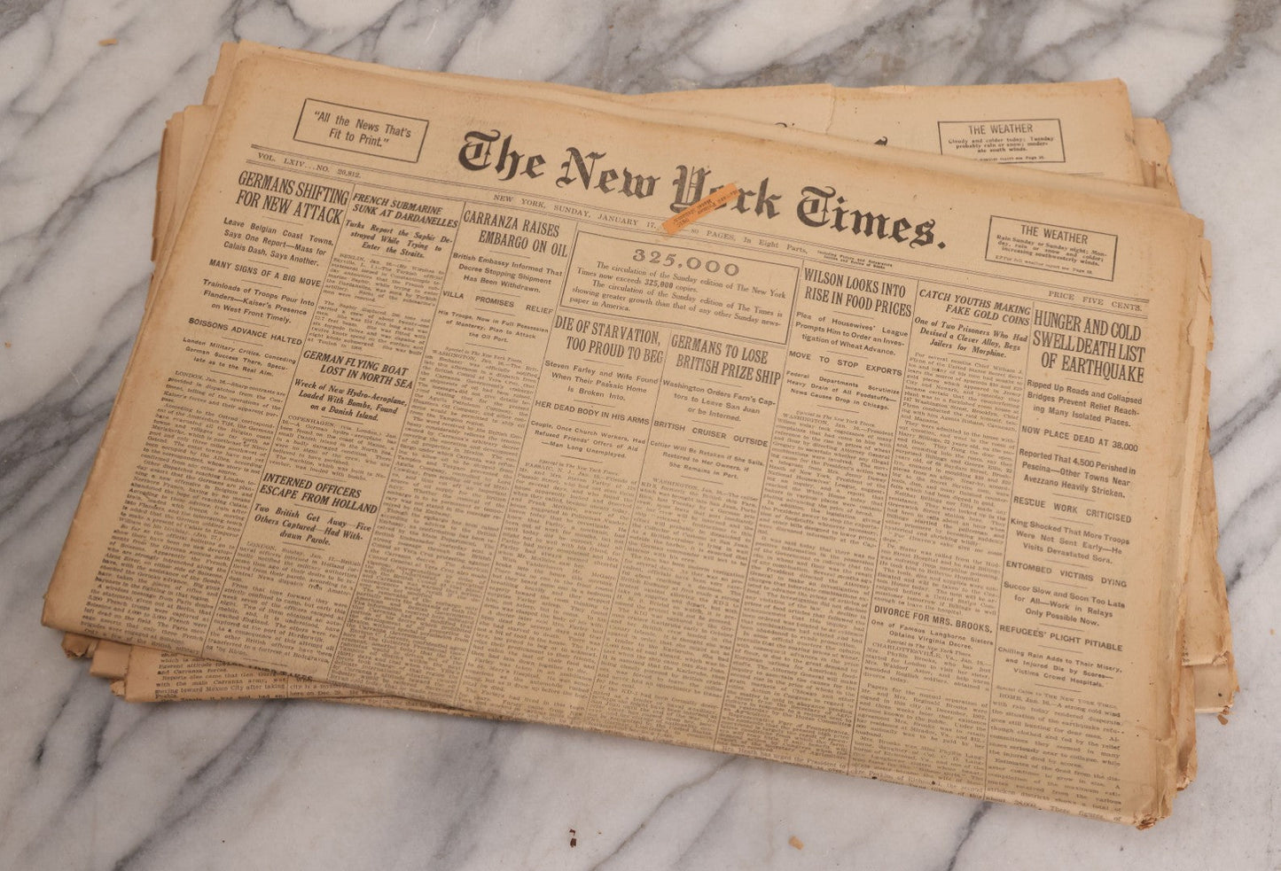 Lot 009 - Grouping Of Approximately 60 Antique New York Times Newspapers From 1914-1915 With Front Page World War I Headlines