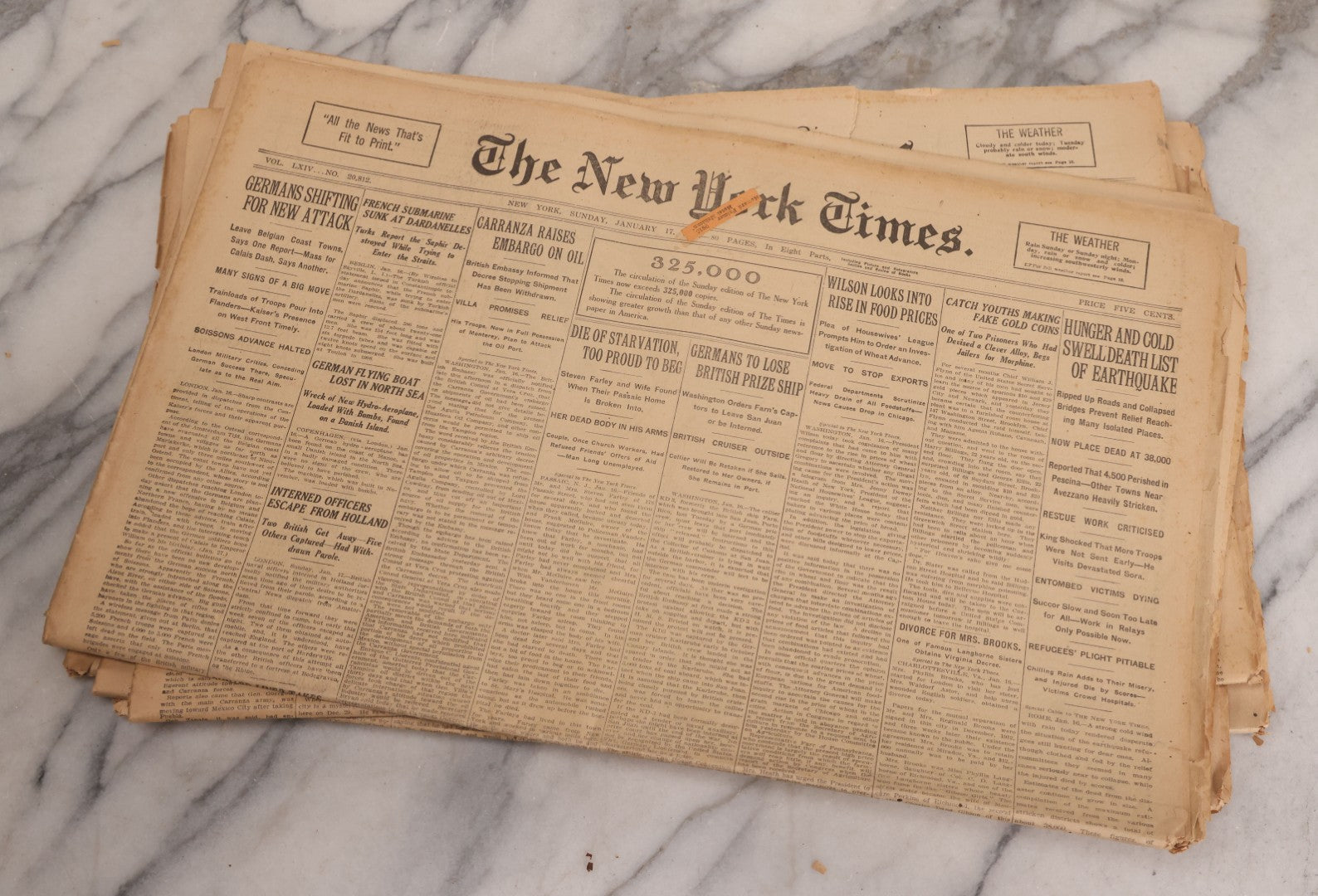 Lot 009 - Grouping Of Approximately 60 Antique New York Times Newspapers From 1914-1915 With Front Page World War I Headlines
