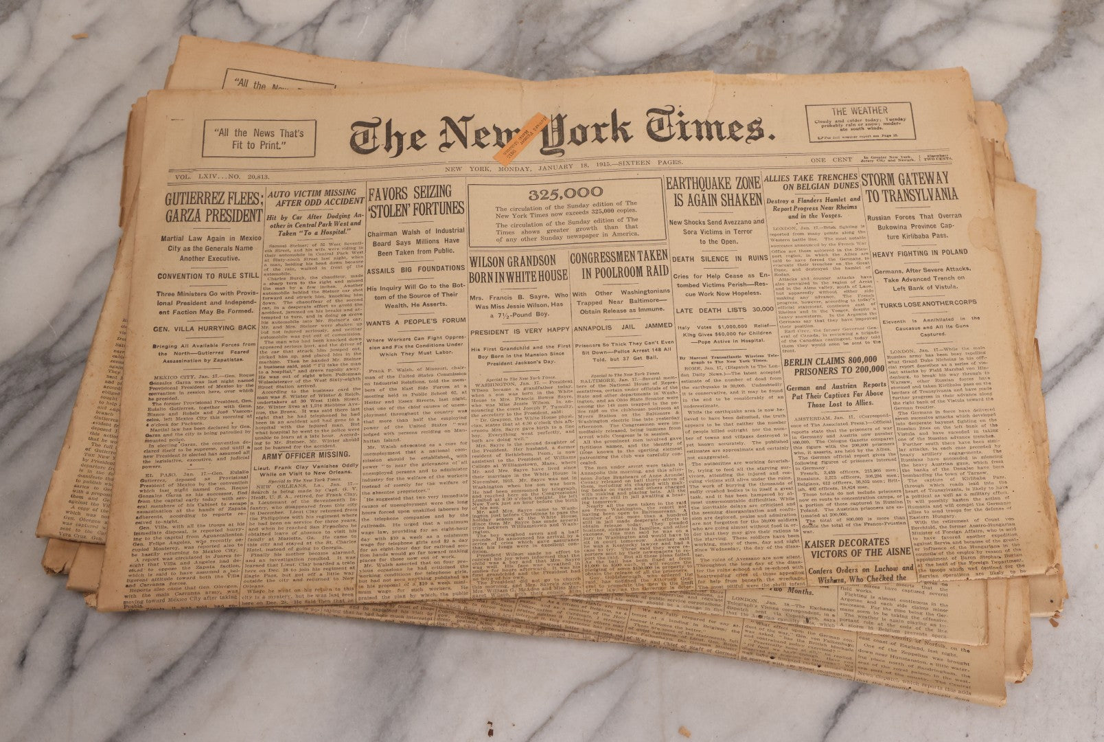 Lot 009 - Grouping Of Approximately 60 Antique New York Times Newspapers From 1914-1915 With Front Page World War I Headlines