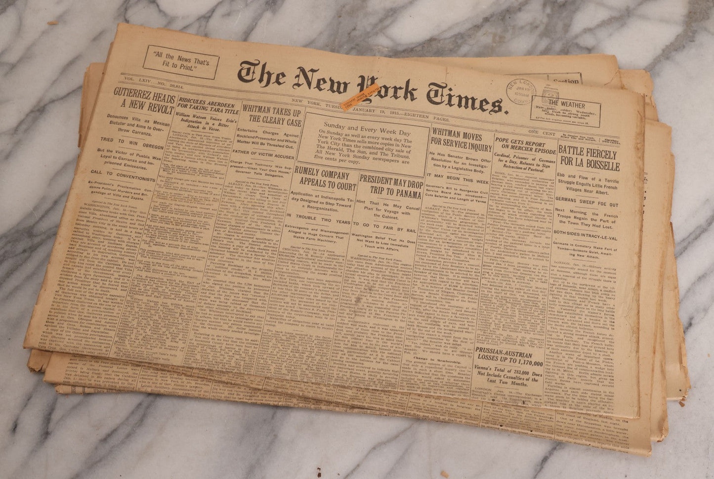 Lot 009 - Grouping Of Approximately 60 Antique New York Times Newspapers From 1914-1915 With Front Page World War I Headlines