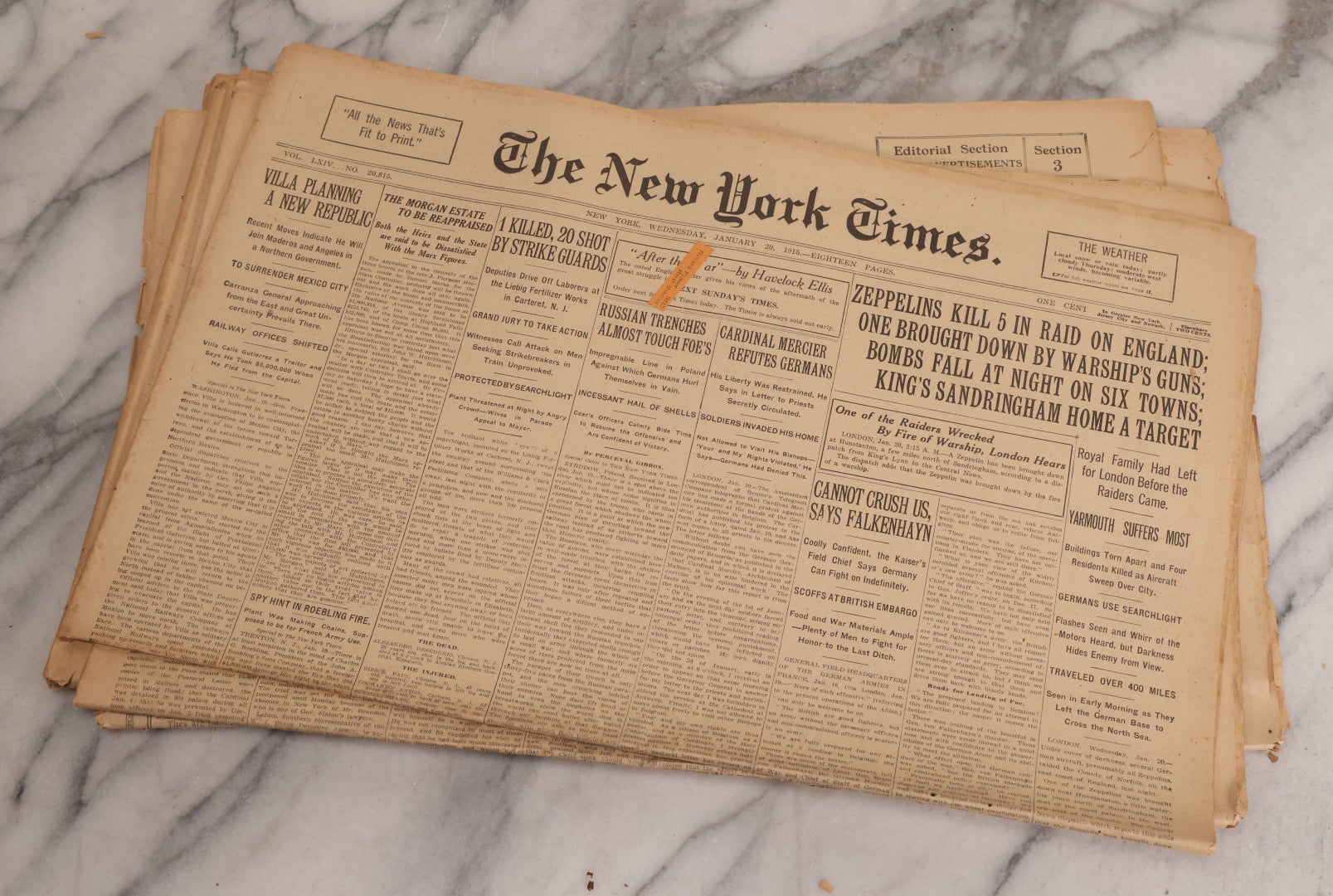 Lot 009 - Grouping Of Approximately 60 Antique New York Times Newspapers From 1914-1915 With Front Page World War I Headlines