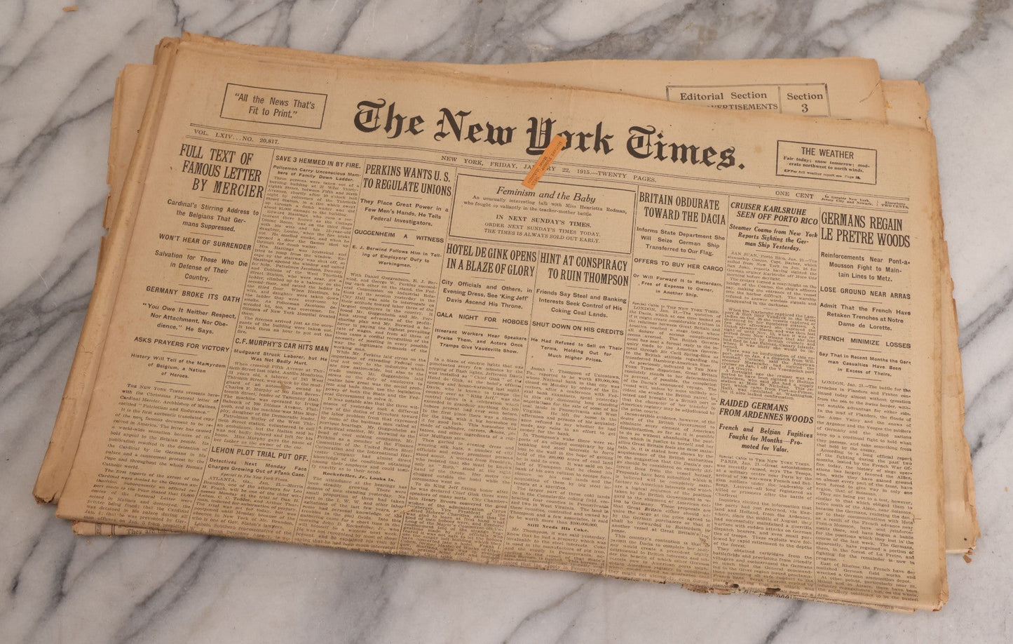 Lot 009 - Grouping Of Approximately 60 Antique New York Times Newspapers From 1914-1915 With Front Page World War I Headlines