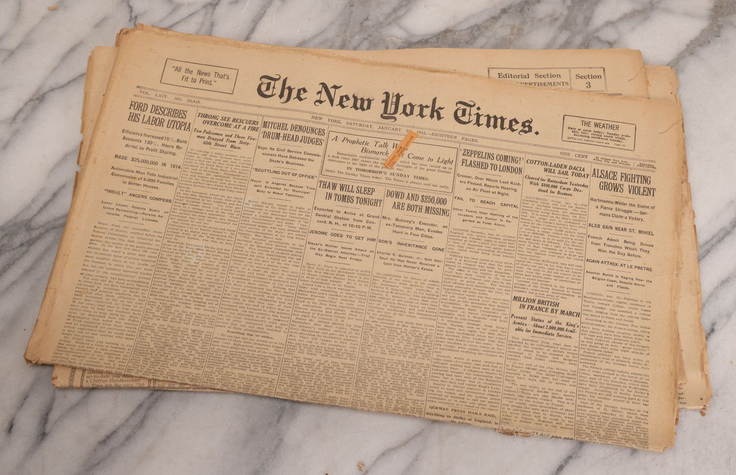 Lot 009 - Grouping Of Approximately 60 Antique New York Times Newspapers From 1914-1915 With Front Page World War I Headlines