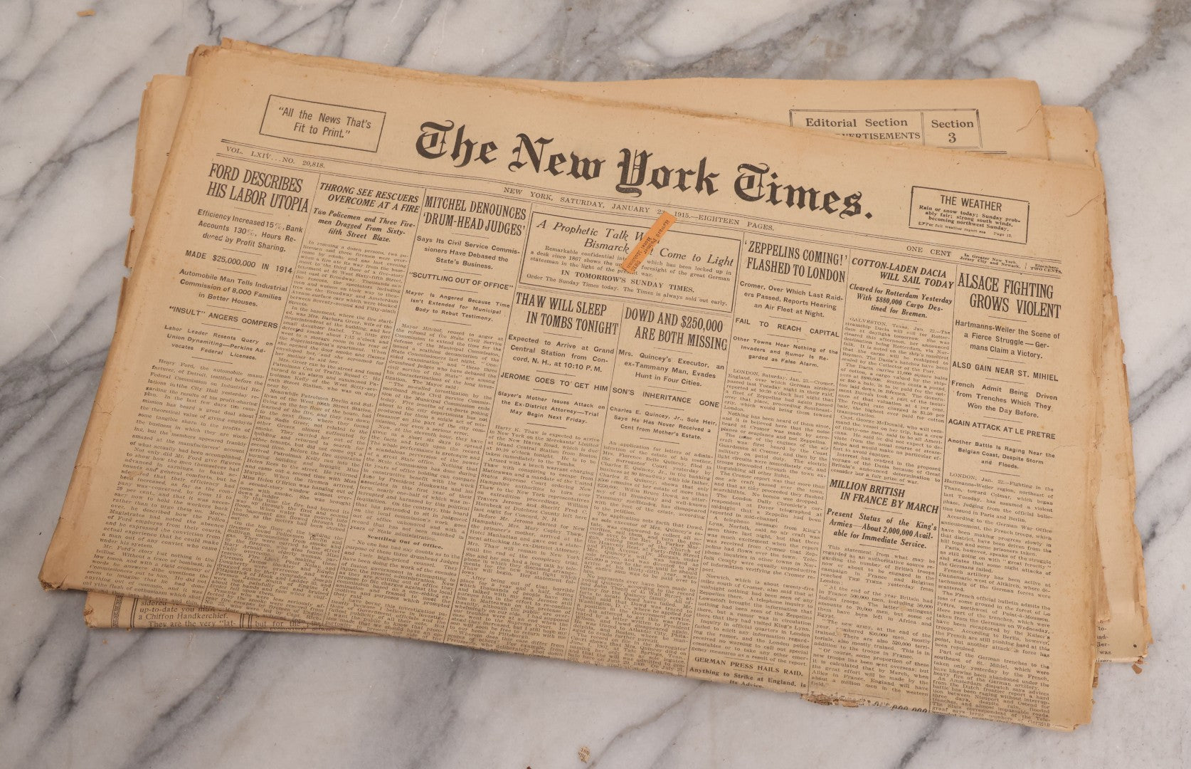 Lot 009 - Grouping Of Approximately 60 Antique New York Times Newspapers From 1914-1915 With Front Page World War I Headlines