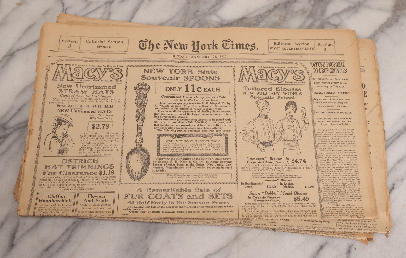 Lot 009 - Grouping Of Approximately 60 Antique New York Times Newspapers From 1914-1915 With Front Page World War I Headlines