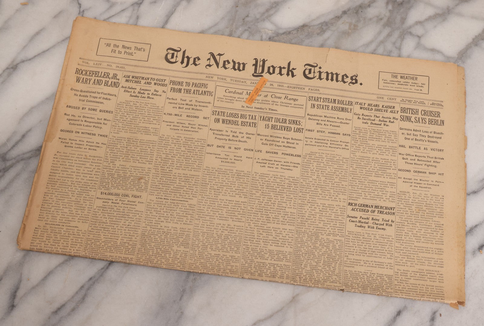 Lot 009 - Grouping Of Approximately 60 Antique New York Times Newspapers From 1914-1915 With Front Page World War I Headlines