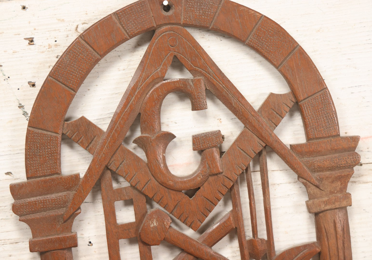 Lot 010 - Vintage Carved Wooden Masonic Folding Wall Shelf With Square And Compass, Columns, Arch, And Acanthus Leaf Motifs, 11-1/4" x 19"