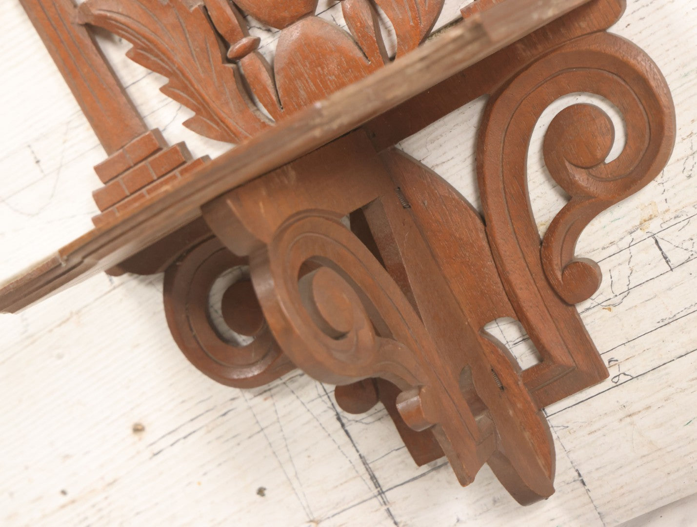 Lot 010 - Vintage Carved Wooden Masonic Folding Wall Shelf With Square And Compass, Columns, Arch, And Acanthus Leaf Motifs, 11-1/4" x 19"