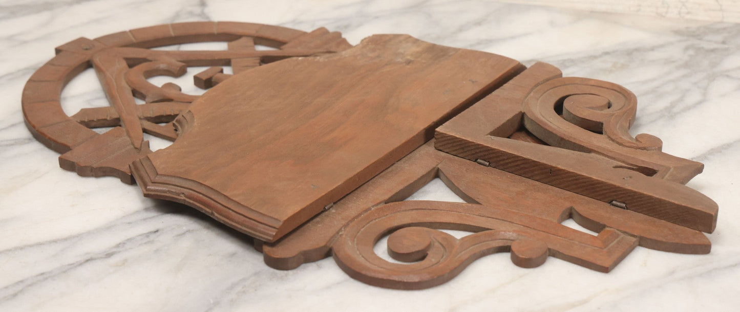Lot 010 - Vintage Carved Wooden Masonic Folding Wall Shelf With Square And Compass, Columns, Arch, And Acanthus Leaf Motifs, 11-1/4" x 19"