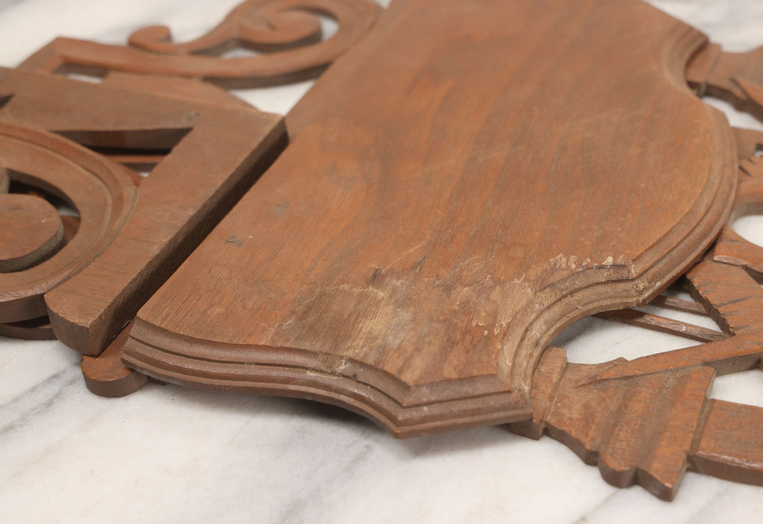 Lot 010 - Vintage Carved Wooden Masonic Folding Wall Shelf With Square And Compass, Columns, Arch, And Acanthus Leaf Motifs, 11-1/4" x 19"