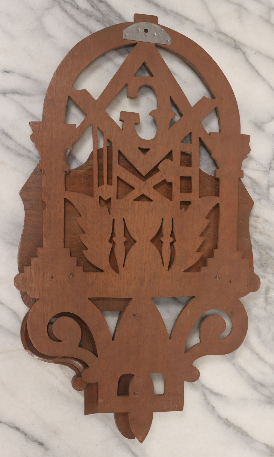 Lot 010 - Vintage Carved Wooden Masonic Folding Wall Shelf With Square And Compass, Columns, Arch, And Acanthus Leaf Motifs, 11-1/4" x 19"