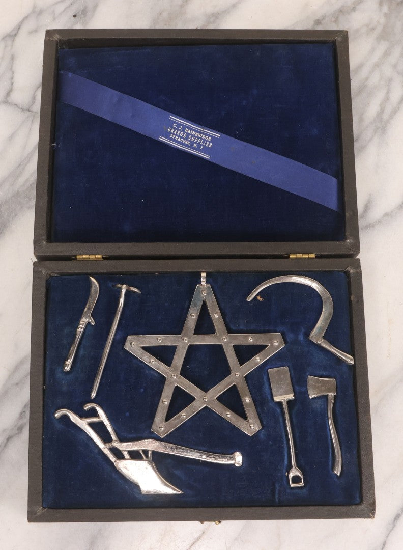 Lot 013 - Vintage Ceremonial Fraternal Grange Ornaments In Custom Case, Manufactured By C.J. Bainbridge Grange Supplies, Syracuse, New York