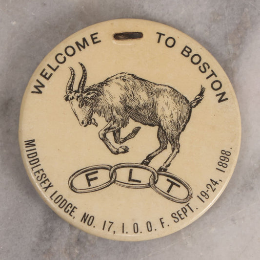 Lot 016 - Antique Odd Fellows Celluloid Tag "Welcome To Boston, Middlesex Lodge, No. 17, I.O.O.F. Sept. 19-24, 1898" And "Souvenir Sovereign Grand Lodge" With Goat And F.L.T. Three Links Motifs, Manufactured By Whitehead & Hoag Co., Newark, New Jersey