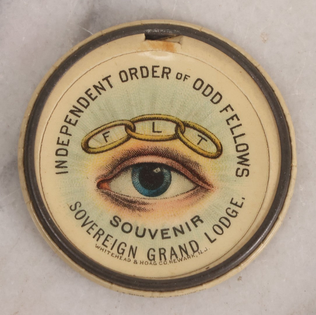 Lot 016 - Antique Odd Fellows Celluloid Tag "Welcome To Boston, Middlesex Lodge, No. 17, I.O.O.F. Sept. 19-24, 1898" And "Souvenir Sovereign Grand Lodge" With Goat And F.L.T. Three Links Motifs, Manufactured By Whitehead & Hoag Co., Newark, New Jersey