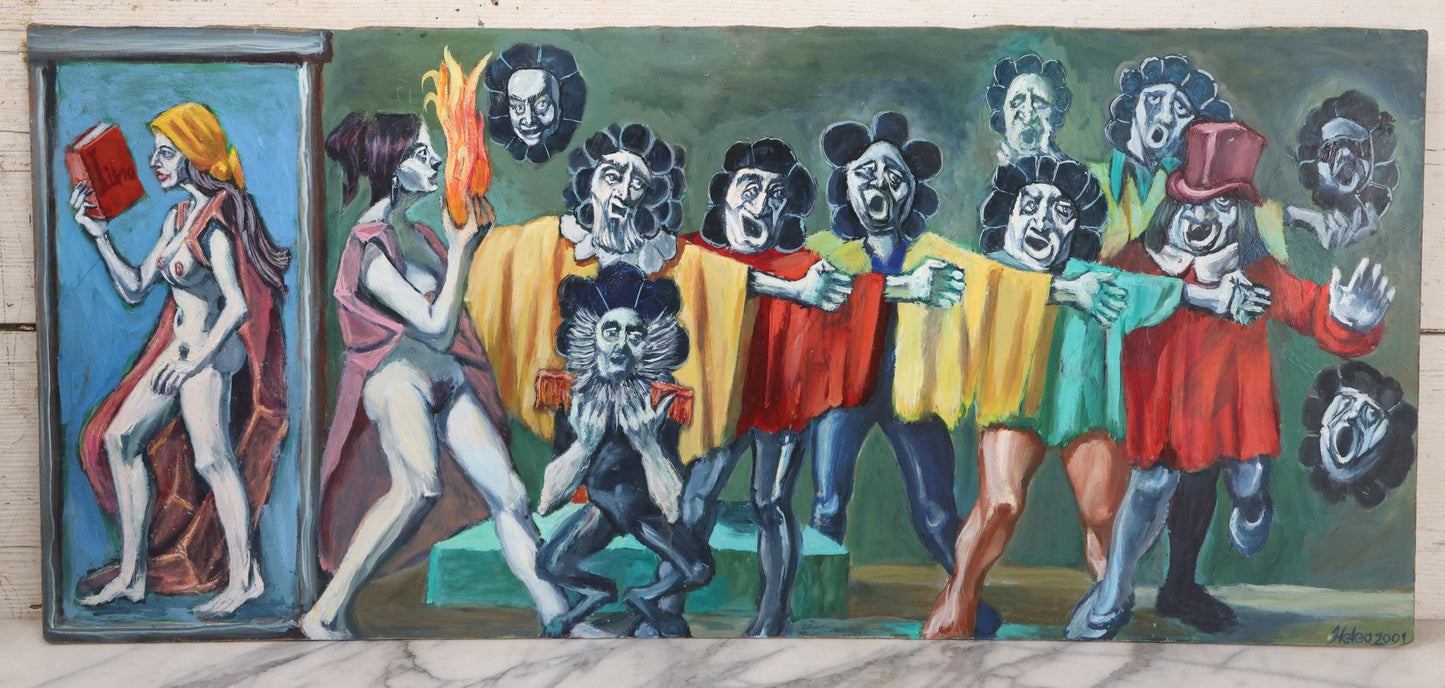 Lot 019 - Contemporary Surrealist Oil On Board Painting With Clown-Like Singing Characters And Nude Figures, Signed By Herbert Leopold (1920-2009), Dated 2001, 17" x 38"