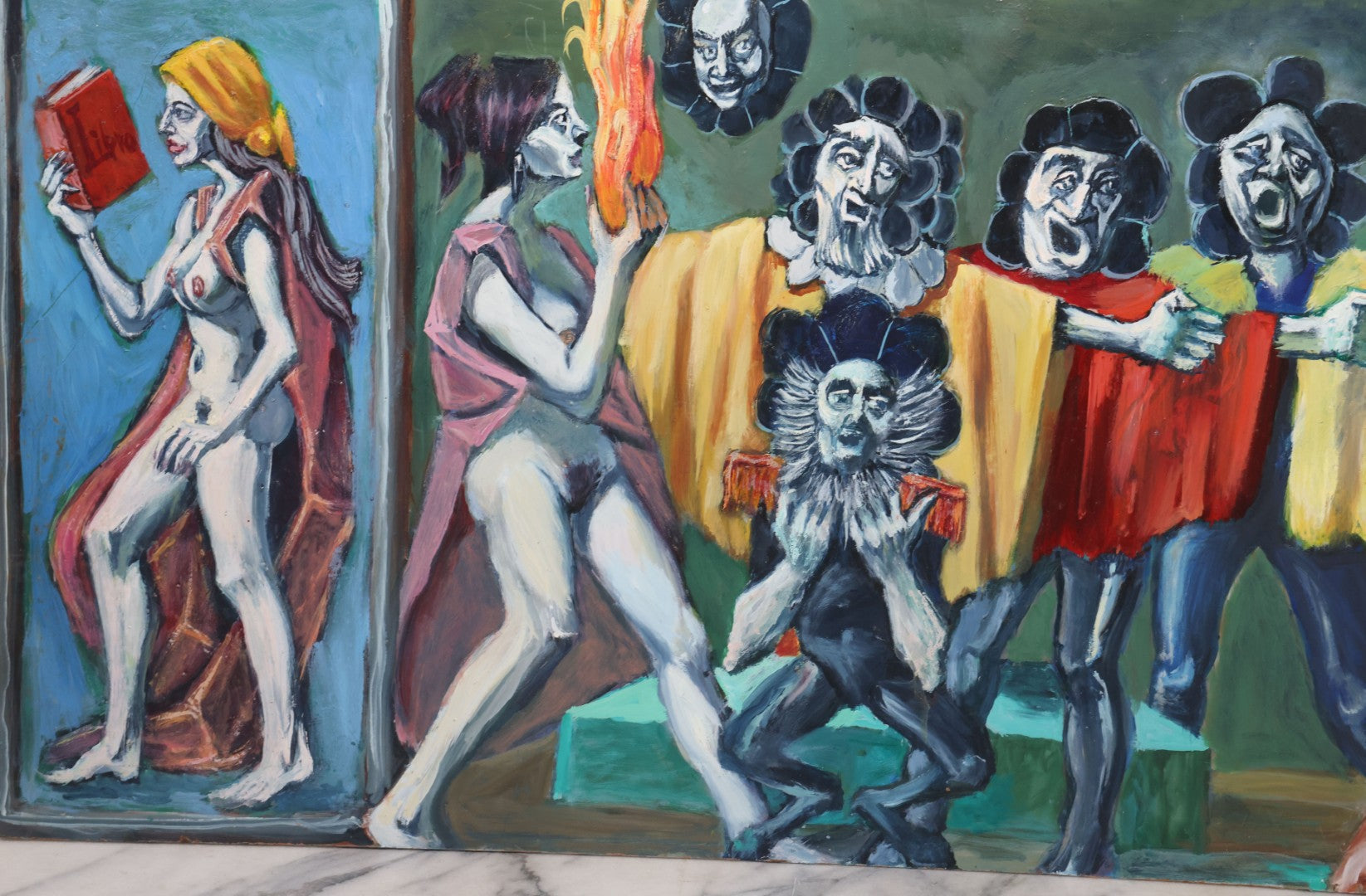 Lot 019 - Contemporary Surrealist Oil On Board Painting With Clown-Like Singing Characters And Nude Figures, Signed By Herbert Leopold (1920-2009), Dated 2001, 17" x 38"
