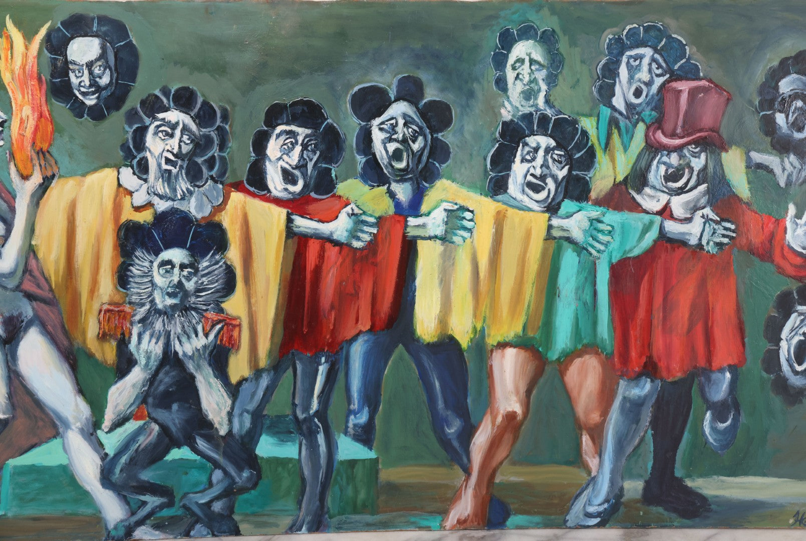 Lot 019 - Contemporary Surrealist Oil On Board Painting With Clown-Like Singing Characters And Nude Figures, Signed By Herbert Leopold (1920-2009), Dated 2001, 17" x 38"