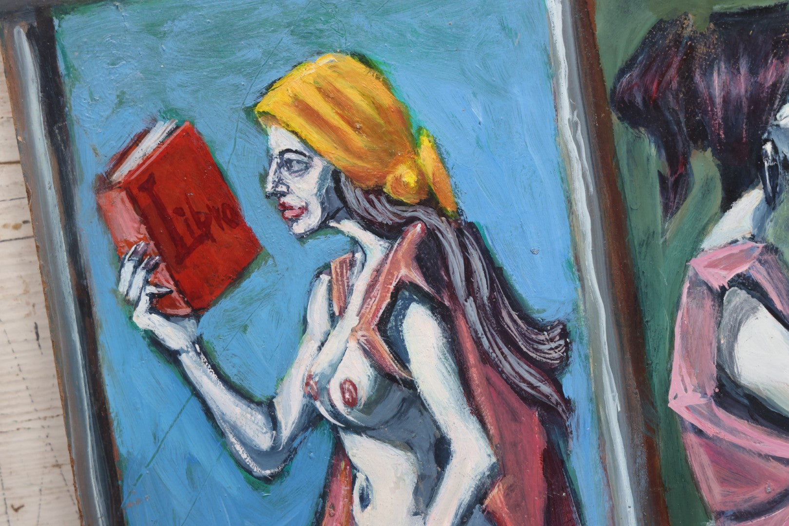 Lot 019 - Contemporary Surrealist Oil On Board Painting With Clown-Like Singing Characters And Nude Figures, Signed By Herbert Leopold (1920-2009), Dated 2001, 17" x 38"