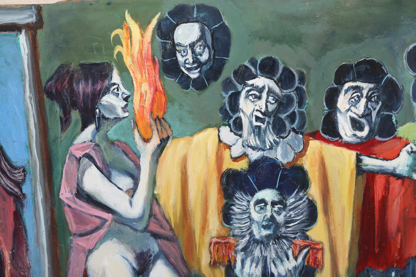 Lot 019 - Contemporary Surrealist Oil On Board Painting With Clown-Like Singing Characters And Nude Figures, Signed By Herbert Leopold (1920-2009), Dated 2001, 17" x 38"