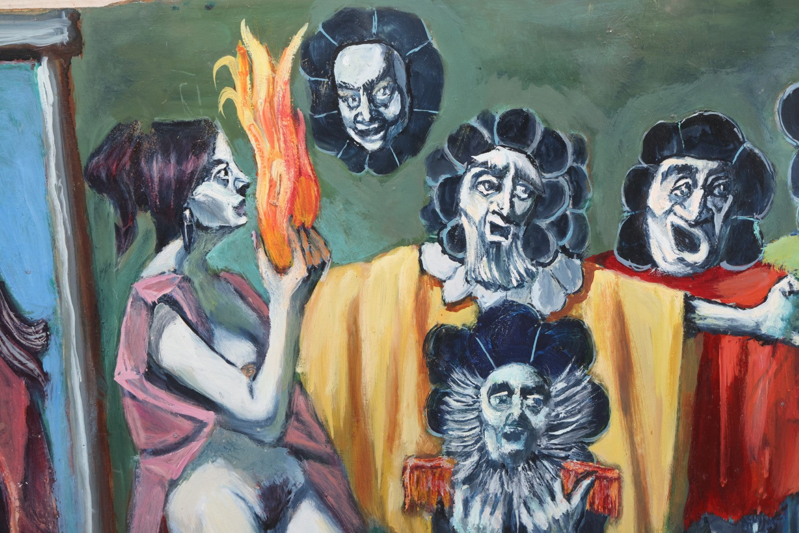 Lot 019 - Contemporary Surrealist Oil On Board Painting With Clown-Like Singing Characters And Nude Figures, Signed By Herbert Leopold (1920-2009), Dated 2001, 17" x 38"
